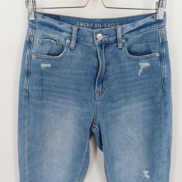 American Eagle Womens 4 Mom Jeans Blue Distressed Destroyed Denim Pants Cotton - Picture 2 of 14